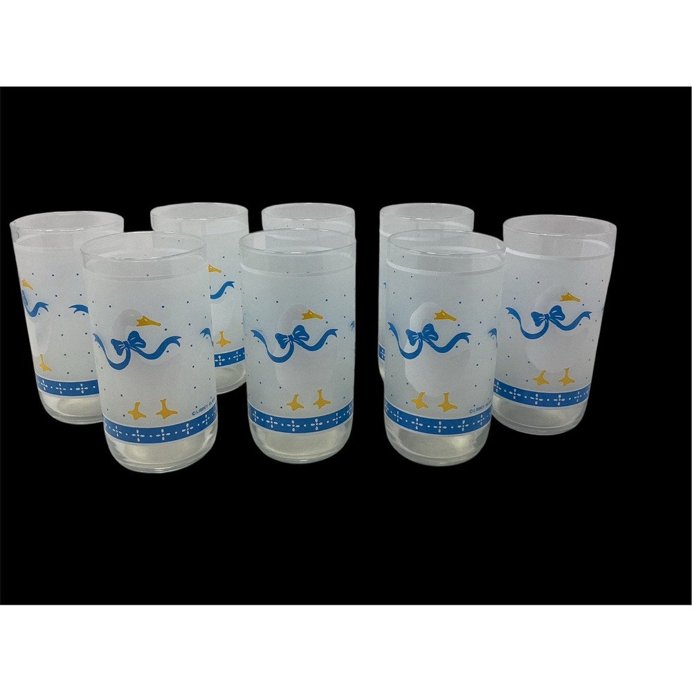 Vintage Libbey Goose Glasses Set of 8 Blue Ribbon Frosted Tumblers